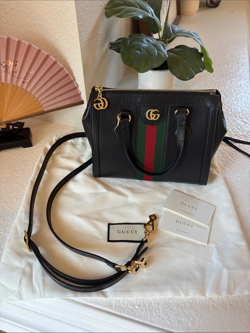 Authentic Gucci Black Leather Ophidia Top Handle Bag with Red-Green Web